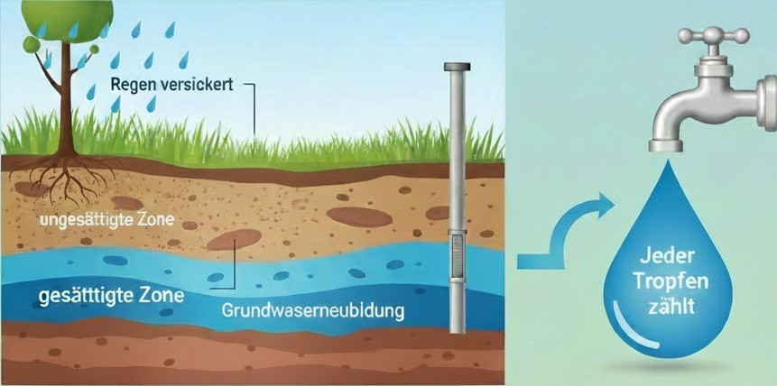 KI generiertes Bild, Grundwasserbildung mit Grundwassermessstelle