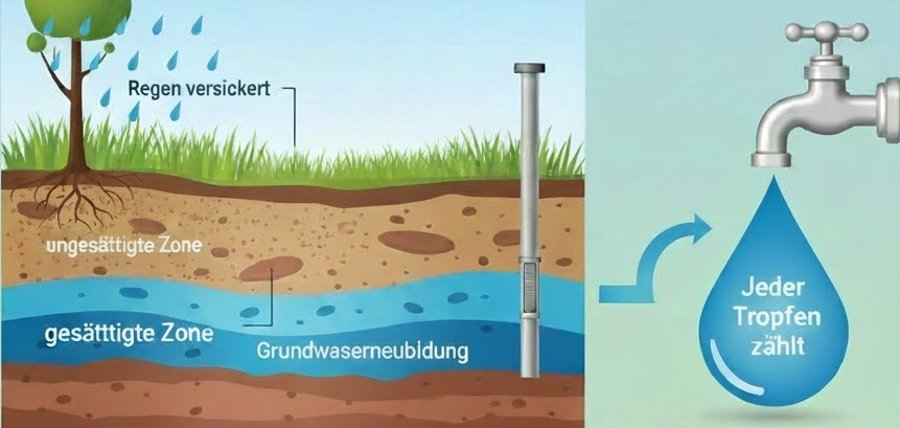 KI generiertes Bild, Grundwasserbildung mit Grundwassermessstelle